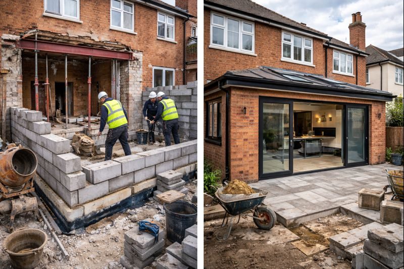 Rear extension construction before and after completion