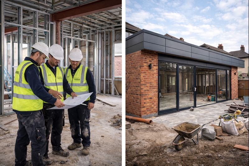 GB Works team reviewing plans during refurbishment works